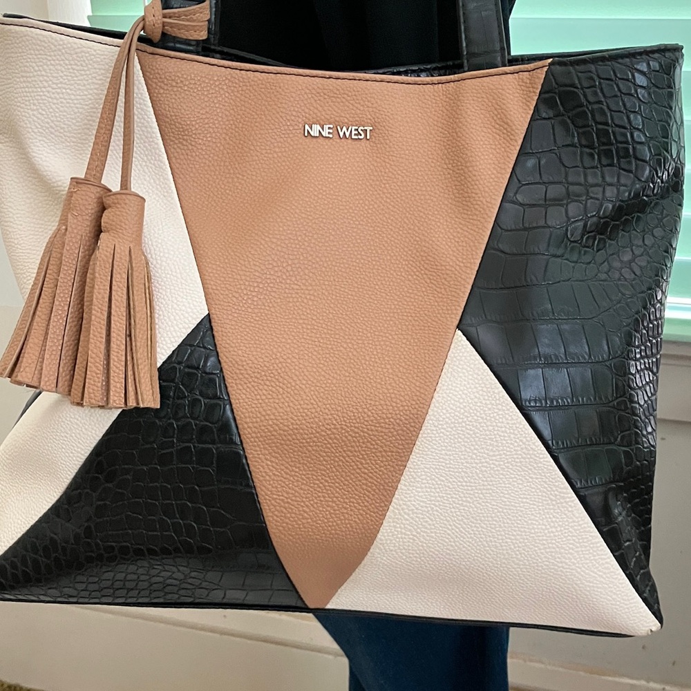 Nine West Tri-Color Tote in Black, White, and Tan - Picture 3 of 8